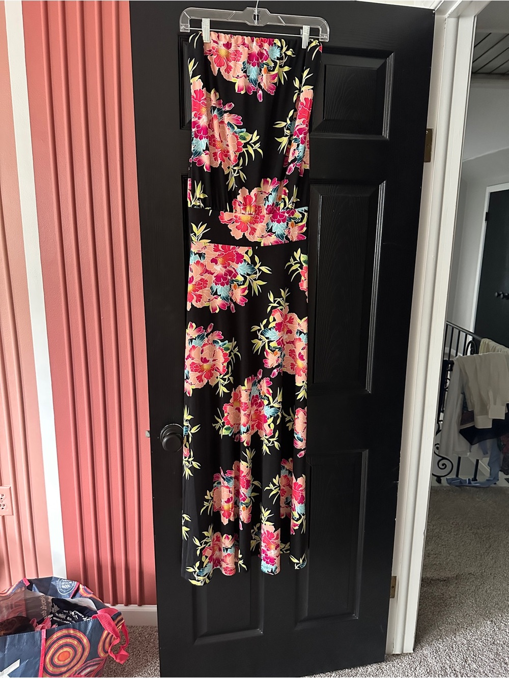 Veronica M Black Strapless Maxi Dress with Pink & Yellow Floral Print
